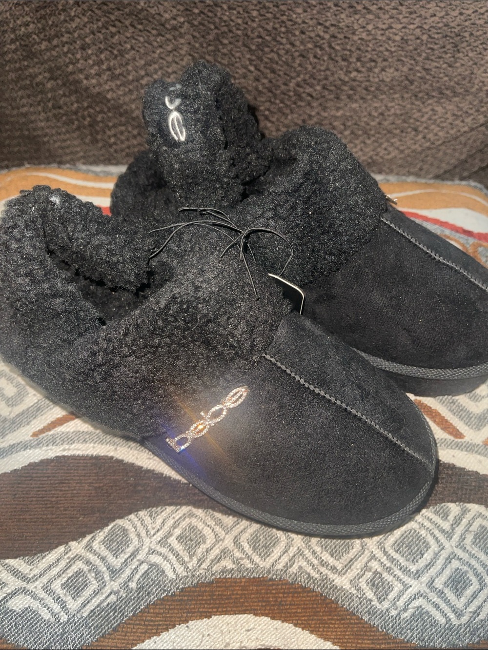 bebe Black Faux-Shearling Slip-On platforms